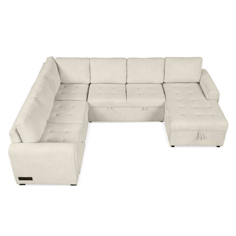 Beige 107.5" U-Shaped 5 Seater Sectional Sofa with Pull-Out Bed, Storage Chaise Lounge, USB Ports, and Power Sockets