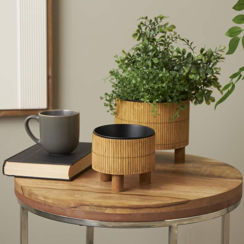 Bamboo Wood Handmade Indoor Planter with Black Metal Interior - Set of 2 Brown - Roche River Decor