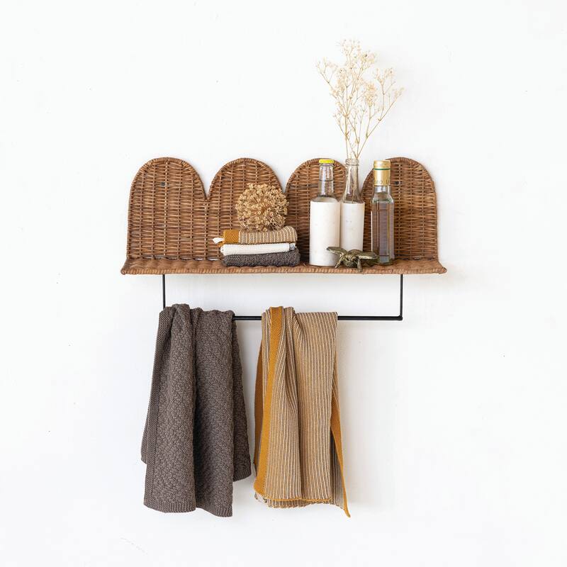 Rattan Wicker Wall Shelf with Scalloped Edge and Metal Rod - 24.0"L x 6.0"W x 12.5"H