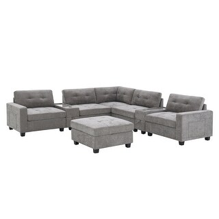 U Shaped Chenille Modular Sectional Sofa with Consoles and Ottoman ...