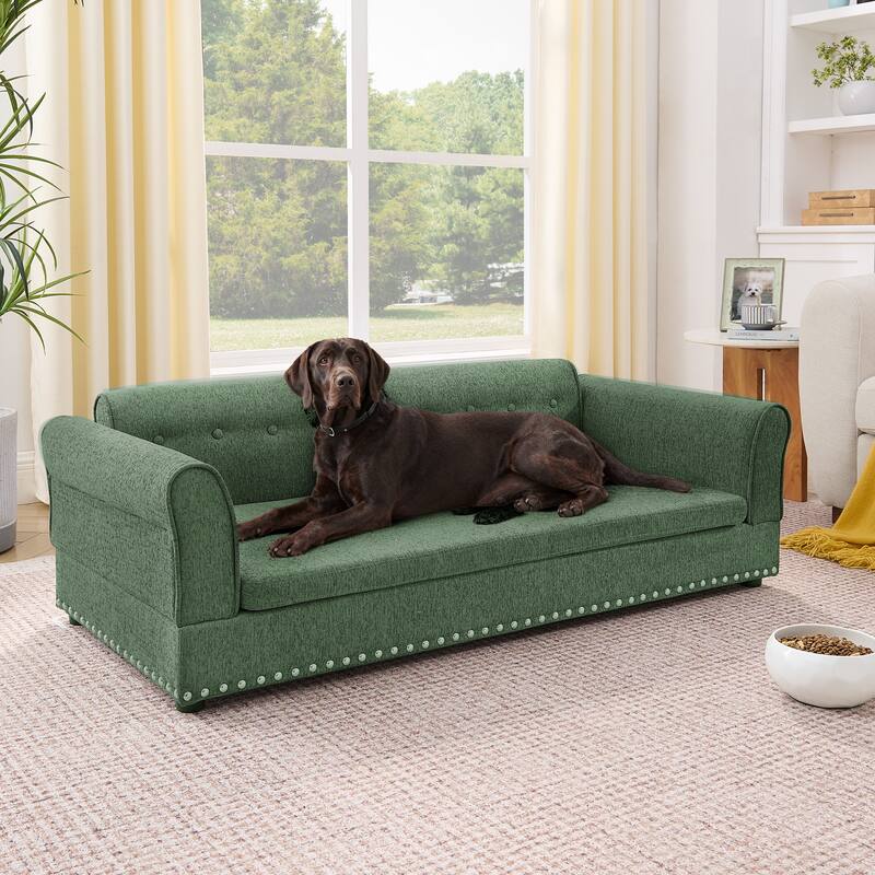 Oversized Pet Sofa, Elegant Modern Linen Fabric Elevated Dog Sofa Bed, Oversized Rectangular Pet Bed with Backrest & Armrest - Green