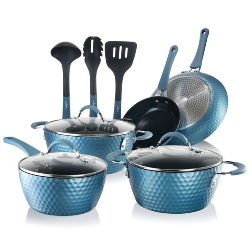 NutriChef NCCW11BD Diamond Home Kitchen Cookware Set (Blue) - Blue, Black
