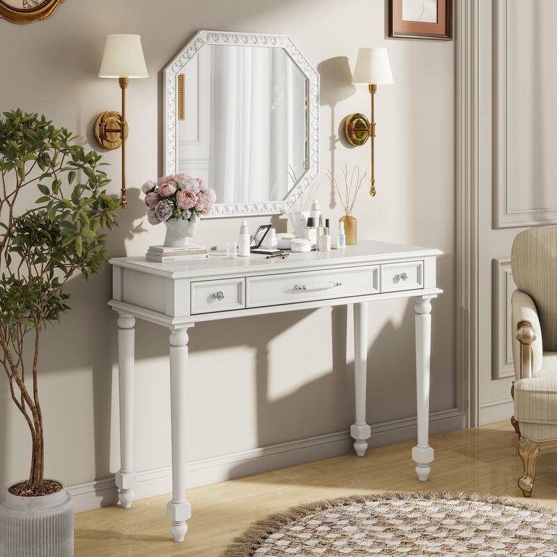 Retro Makeup Desk with Large Mirror, 3-Drawer Dressing Table