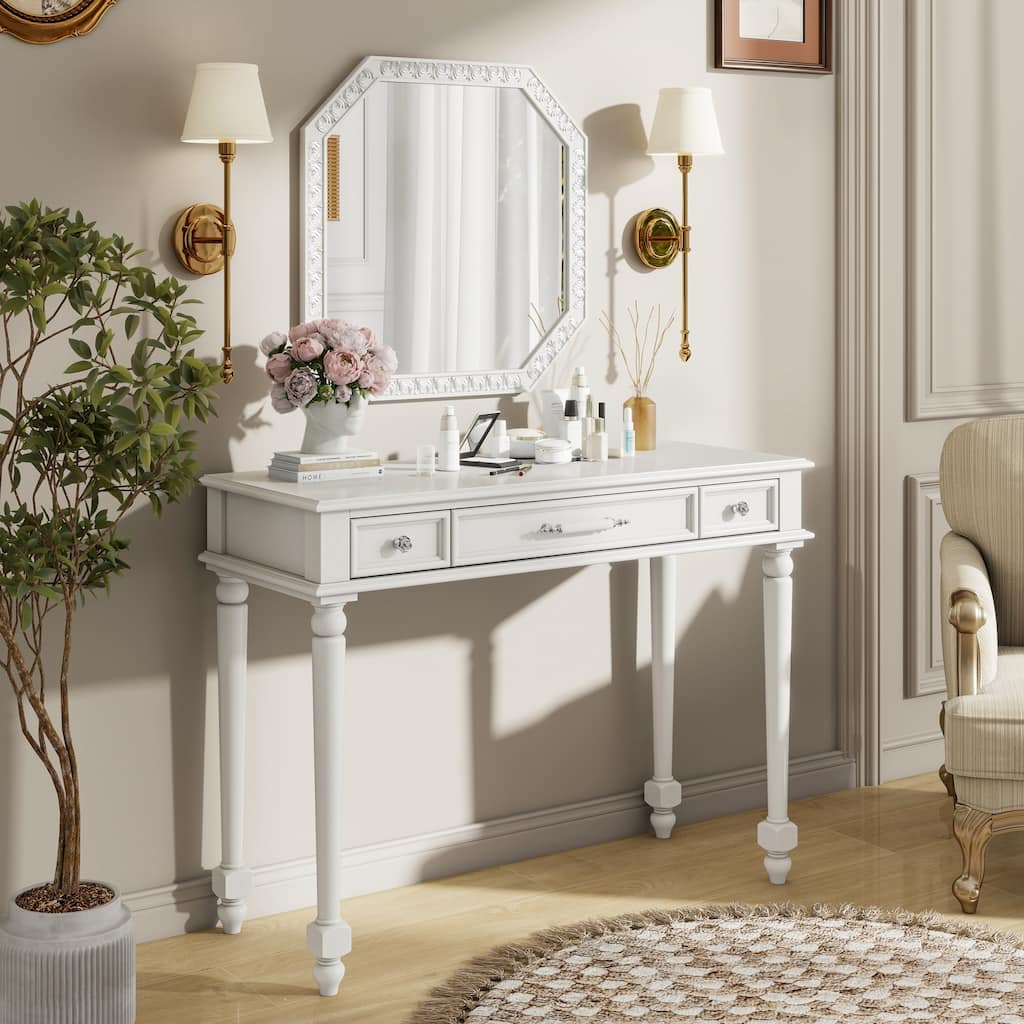 Retro Makeup Vanity Desk and Octagonal Makeup Mirror Set for Bedroom, Built-in Jewelry Tray Dressing Table, White