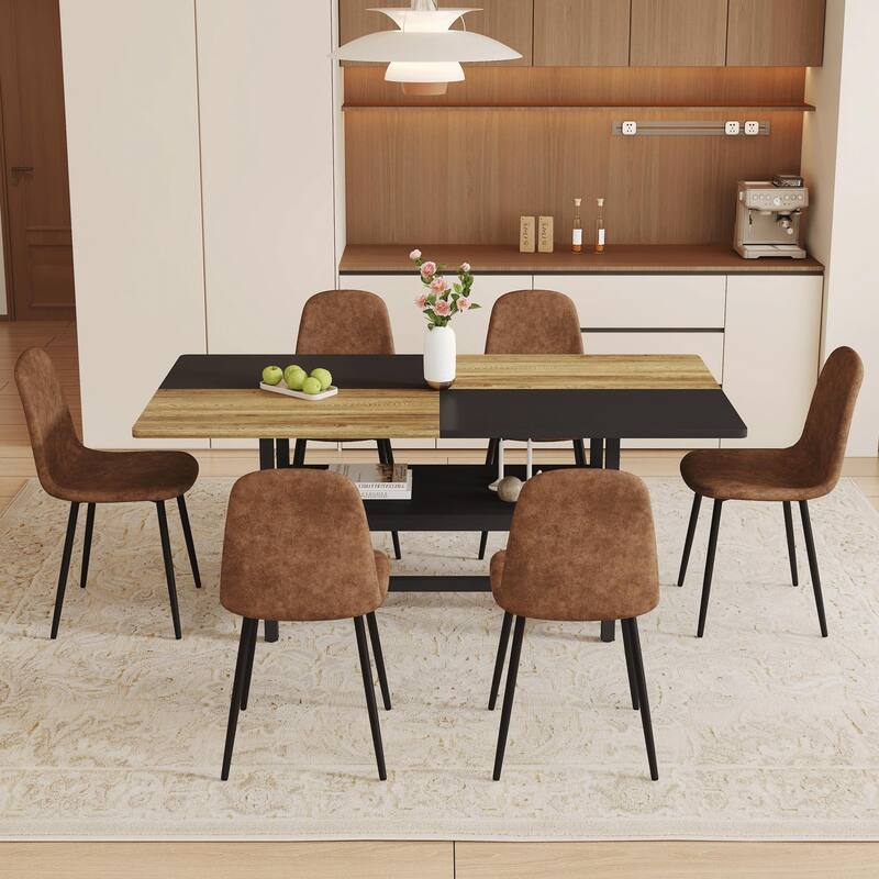 Modern 7-Piece Rectangular Dining Table Set for 6, 71" Wood Table with Built-in Storage & 6 Armless Chairs for Dining Room