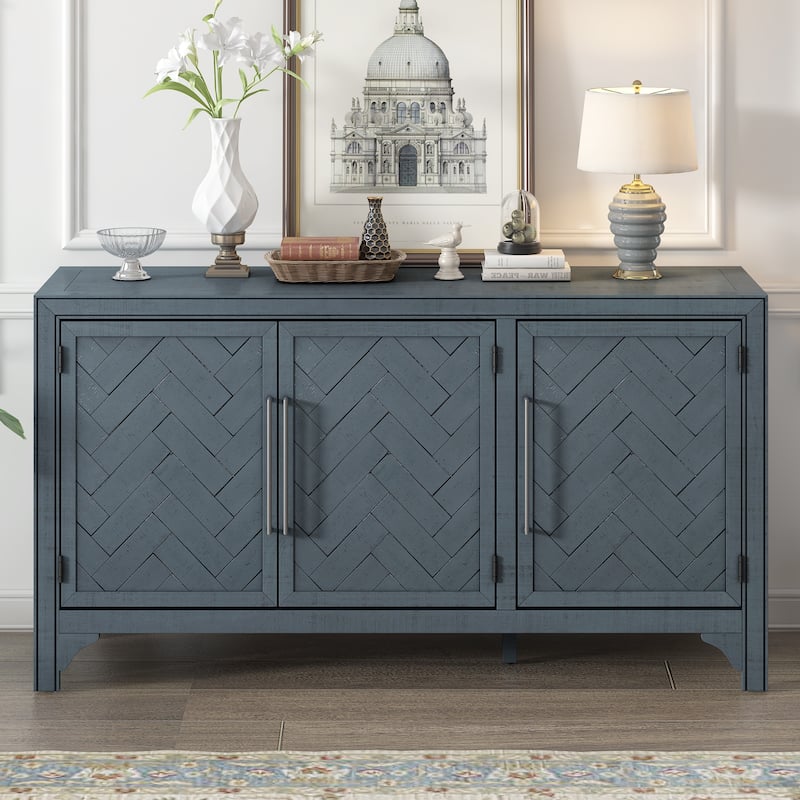 Modern MDF and Pine Veneer Sideboard Cabinet with Adjustable Shelves and Three Doors for Ample Storage, Ideal for Living Rooms - Navy Blue