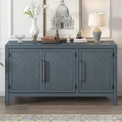 Navy Blue Storage Cabinet 3-door Sideboard Cupboard Console Table wAdjustable Shelves, Dining Side Cabinet Hallway Entry Cabinet