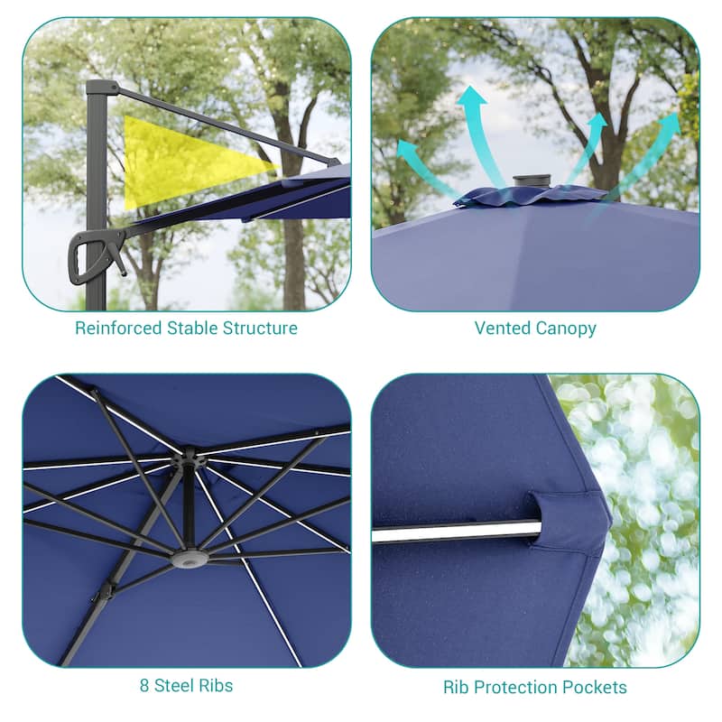 BONOSUKI Solar-powered 10x8ft Cantilever Patio Umbrella, Ultimate Outdoor Comfort with 360° Rotation and Canopy Angle Adjustment