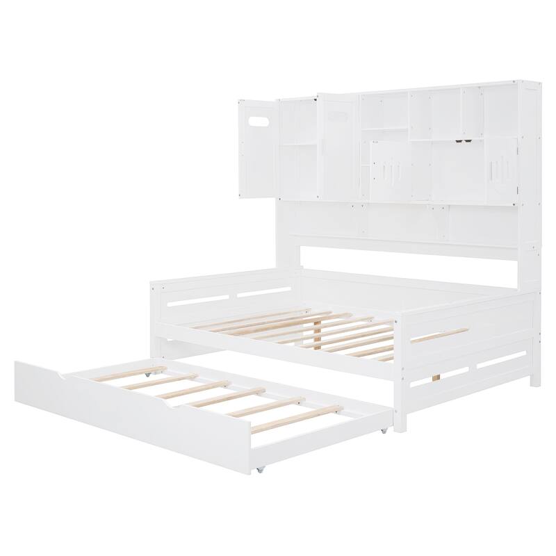 Full Size Wood Daybed with Built-in Storage Cabinet, Open Shelves & Twin Trundle Bed, Space-Saving Multi-Functional Frame