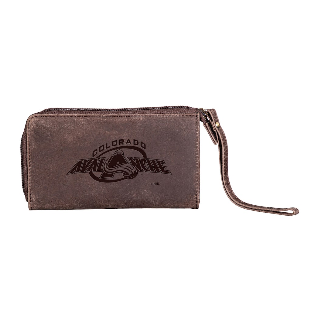 Brown Leather Cell Phone Wristlet Wallet, Colorado Avalanche - 4" x 7"