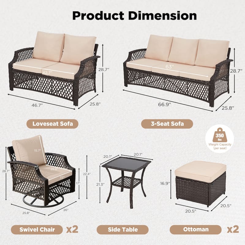 Outdoor Wicker Patio Set w Swivel Chairs & Sofa, Ottomans and Tables, Modular 3/5/6/7-Piece, All-Weather Conversation Set.