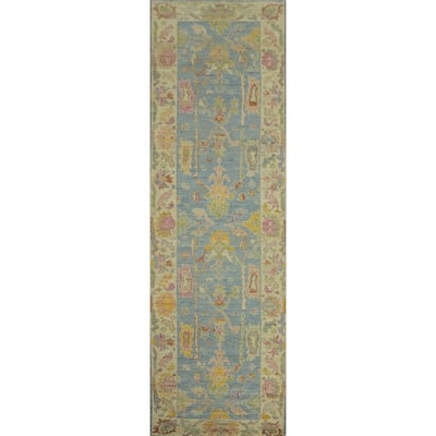 Light Blue Floral Wool Oushak Vegetable Dye Runner Rug, Floral Geometric Carpet - 12' 1'' X 3' 1''