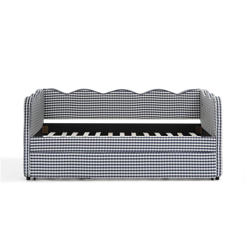 Linen Fabric Gingham Daybed with Trundle, Twin Size Sofa Bed with USB Port and Adorable Wave Shaped Headboard