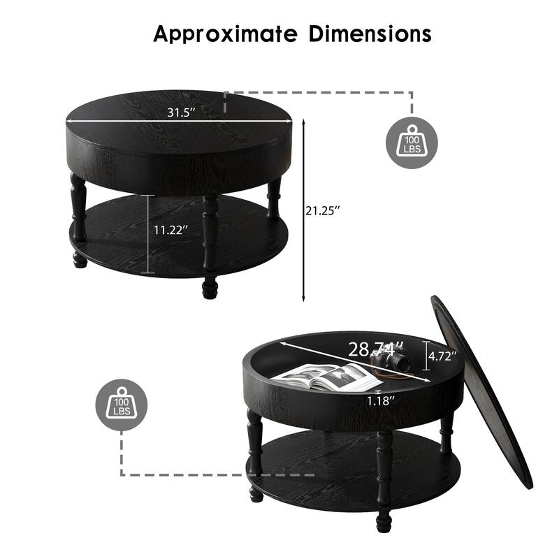 31.5 inch Modern Round Coffee Table Dual Storage Hidden Compartment Black Living Room