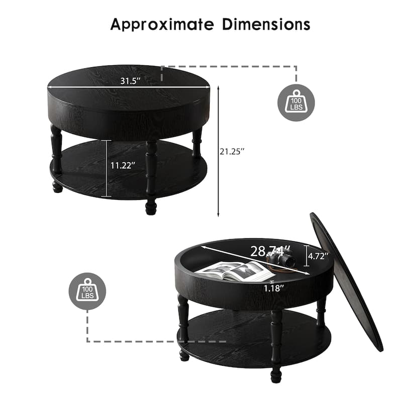 Round Flip-Top Coffee Table with Storage, Dual-Tier Center Table with Adjustable Leveling Feet and Open Shelf