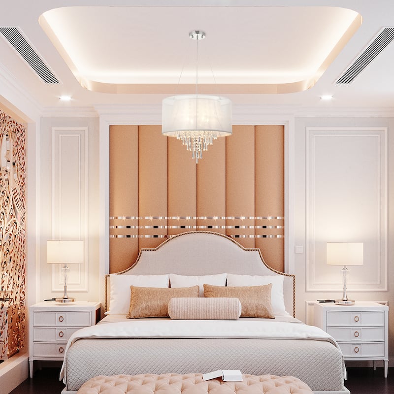 4-Light Double White Fabric Drum Shade Crystal Chandelier