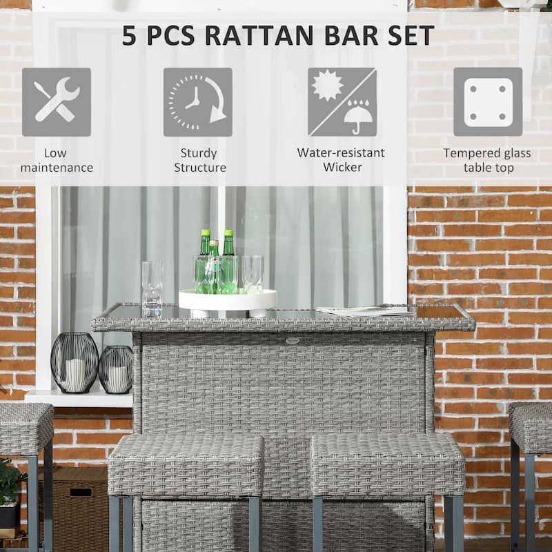 Outsunny 5 Piece Rattan Wicker Bar Set, High Top Outdoor Table and Chairs, Bar Height Patio Set