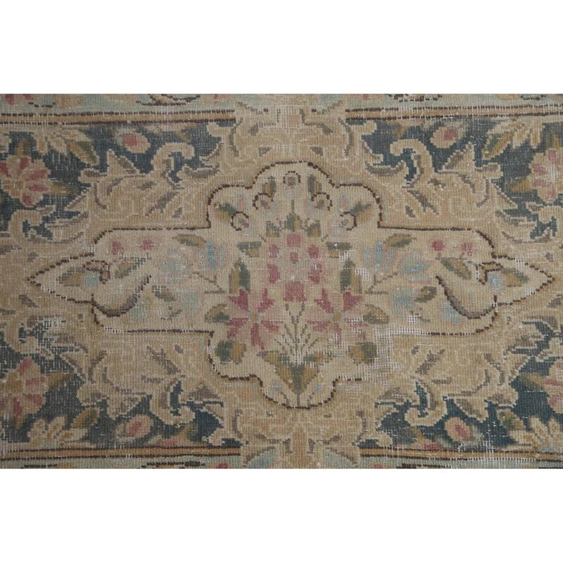 Distressed Floral Kerman Persian Area Rug Hand-knotted Wool Carpet - 10'1" x 14'1"