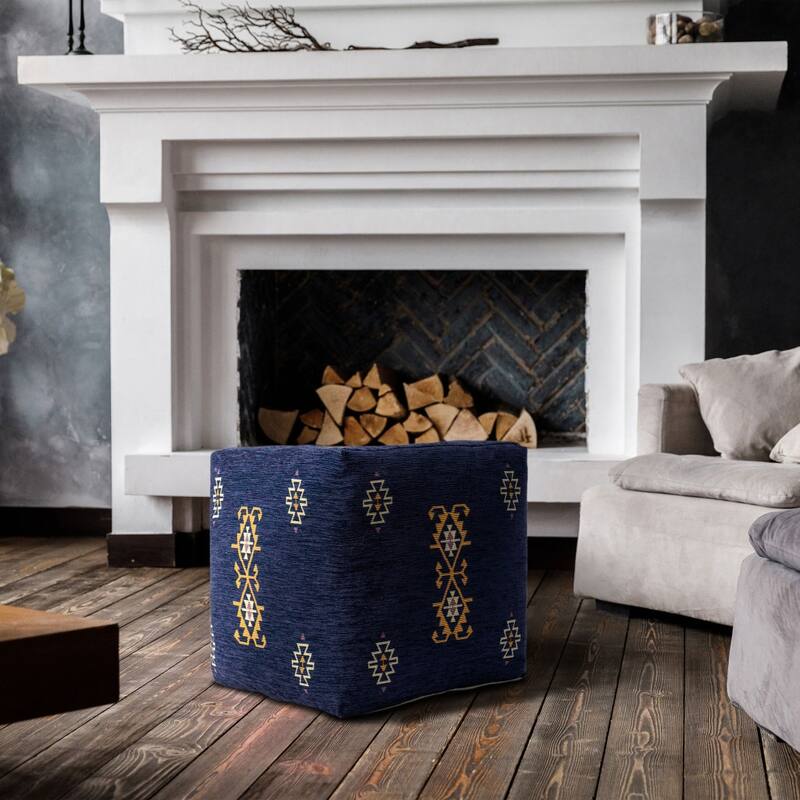 18-Inch Blue Upholstered Pouf Ottoman with Geometric Medallion Design Footrest or Seat Accent