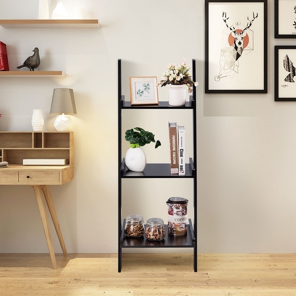 Costway 3 Tier Leaning Rack Wall Ladder Book Shelf Bookcase Storage Display Multipurpose