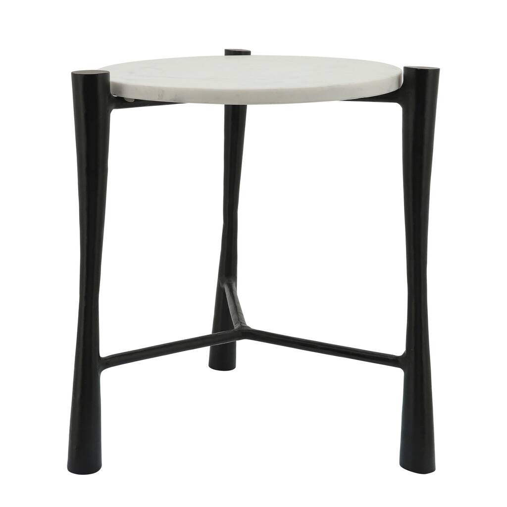 20 Inch Round Marble Top Side Table, Aluminum Frame, White, Black