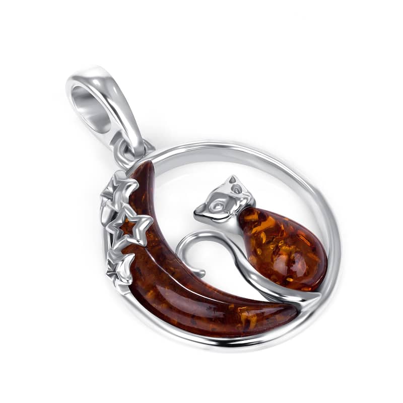 Baltic Amber Cat and Moon Pendant Necklace in Sterling Silver