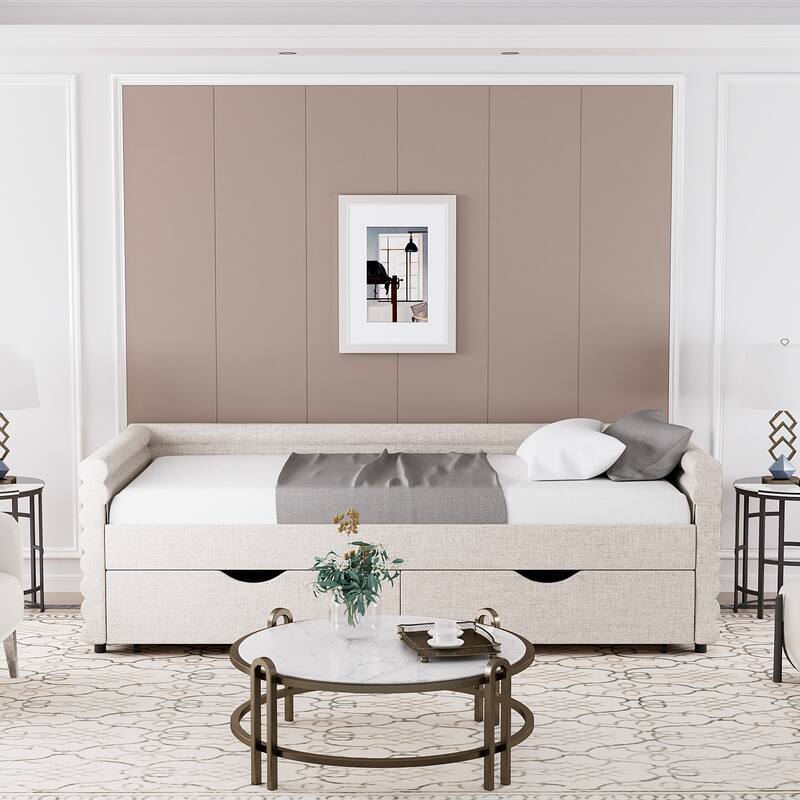 Ouyessir Modern Upholstered Tufted Daybed with Trundle & Drawers