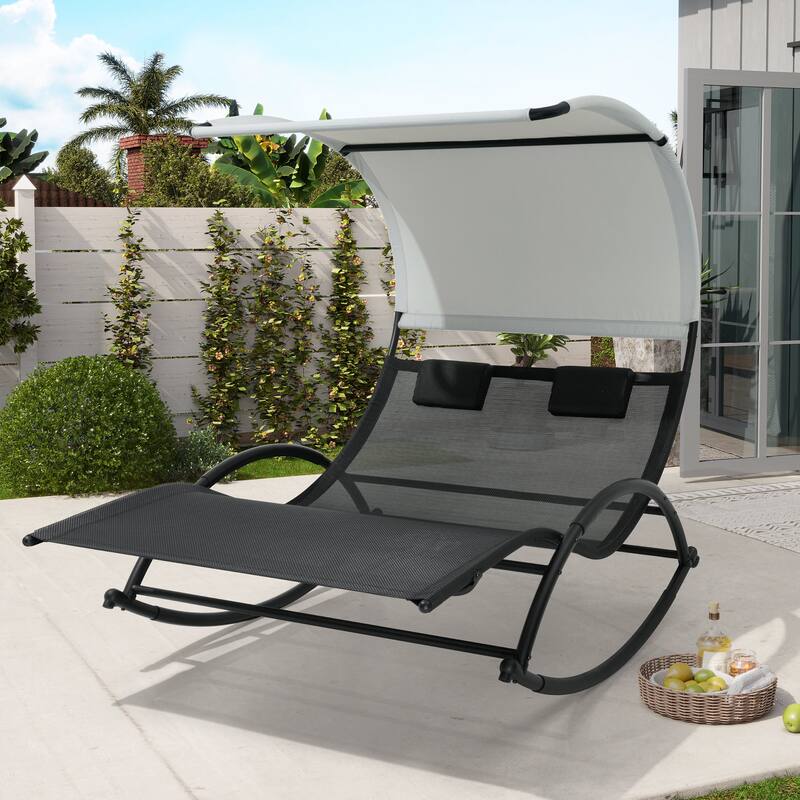 Outdoor Double Sun Bed Chaise Lounge Chair Rocking Bed with Sun Shade & Wheels - 54.5" W x 67.3" D x 65.7" H