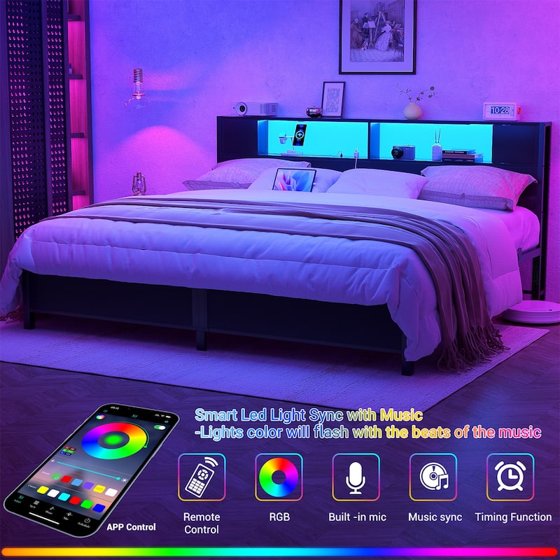 Storage Headboard Platform Bed Frame with Charge Station and LED Light