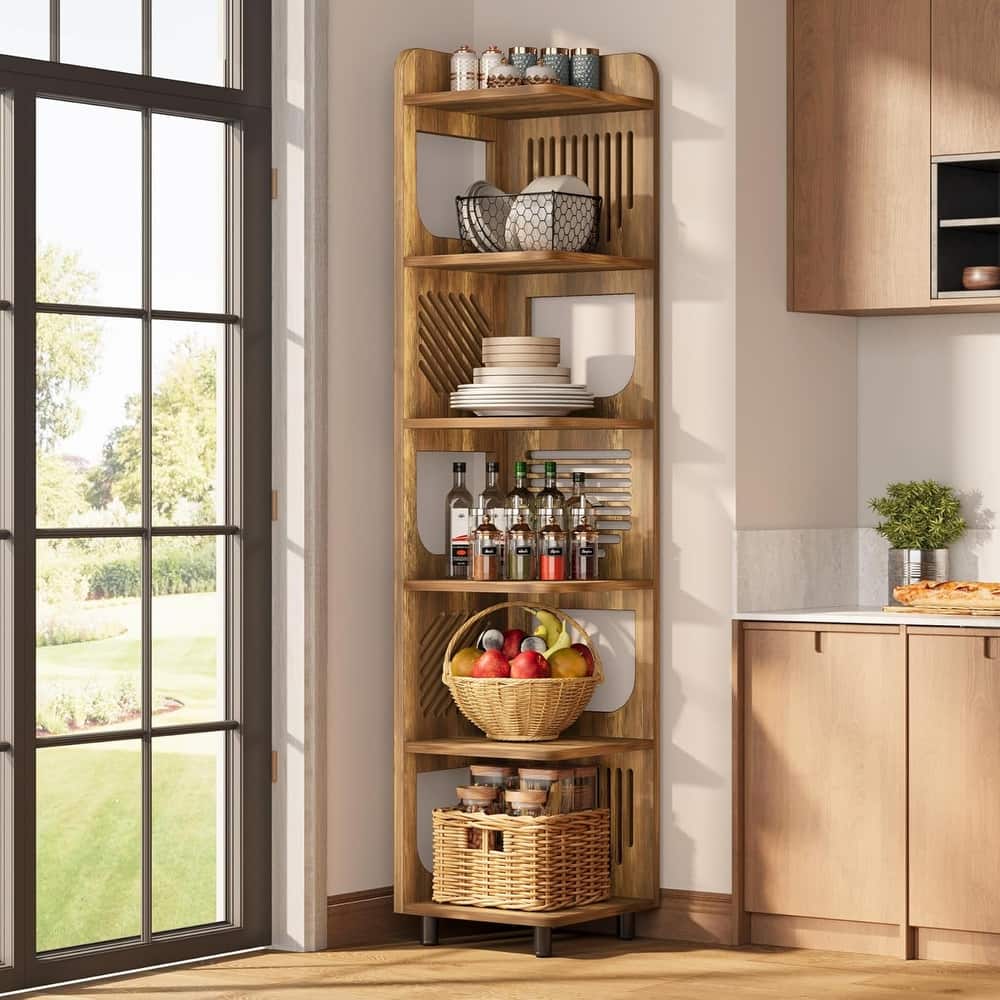 6-Tier Corner Shelf, Rustic Tall Corner Bookshelf for Living Room, Bedroom, Office