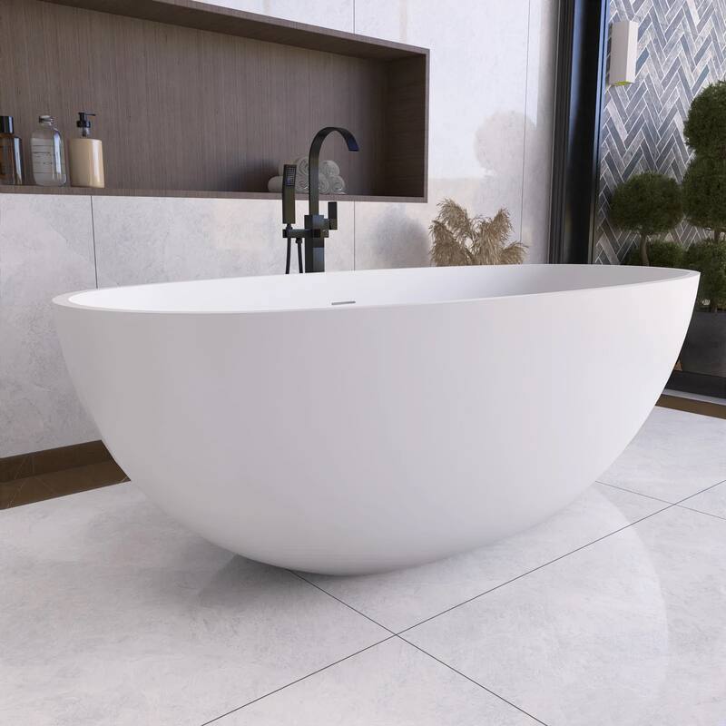 Solid Surface Freestanding Flatbottom Soaking Bathtub in Matte White