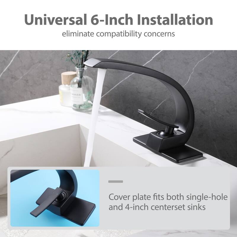 Modland C-Shaped Single Hole Bathroom Faucet, 500K Cycle CUPC Certified, 6-Inch Cover Plate, Black / Gold / Nickel / Chrome