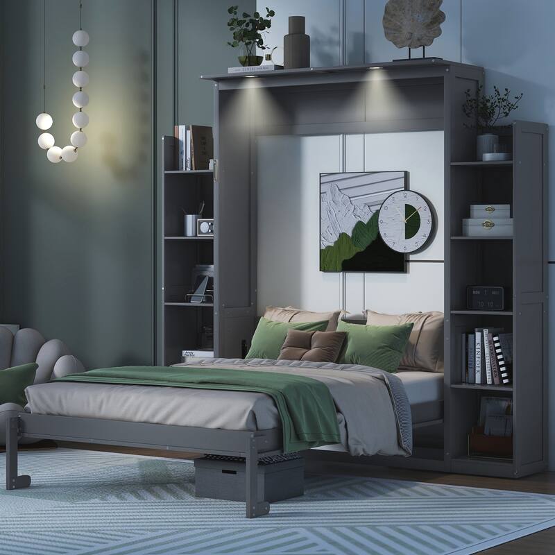 Space-Saving Full Size Wall Bed with Shelves and LED Lights, Gray