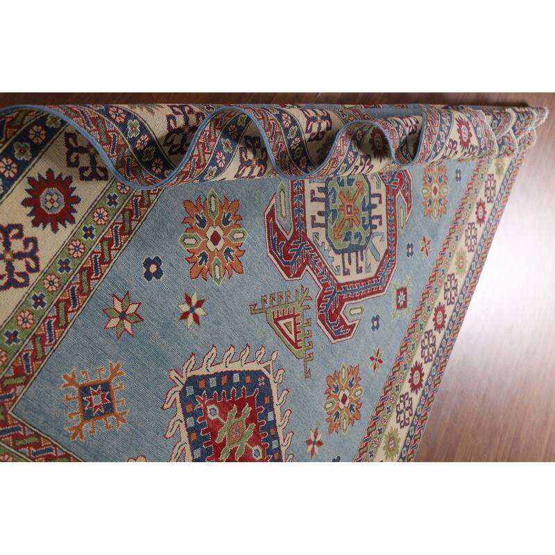 Hand Knotted Oriental 100% Wool Carpet Traditional Geometric Navy Blue & Blues Kazak Area Rug - 9' 8'' X 6' 6''