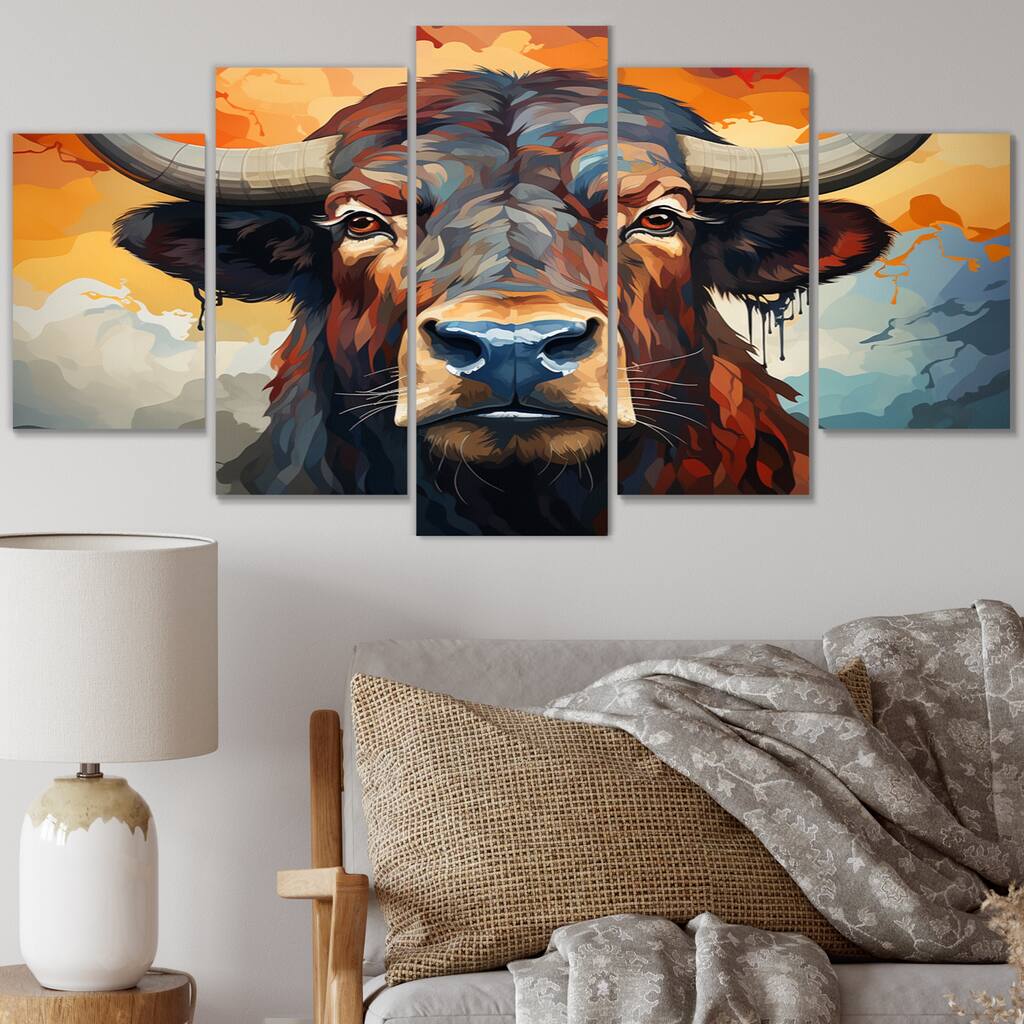 Designart "Buffalo Majestic Bison Geometric" Animals Metal Wall Décor Set