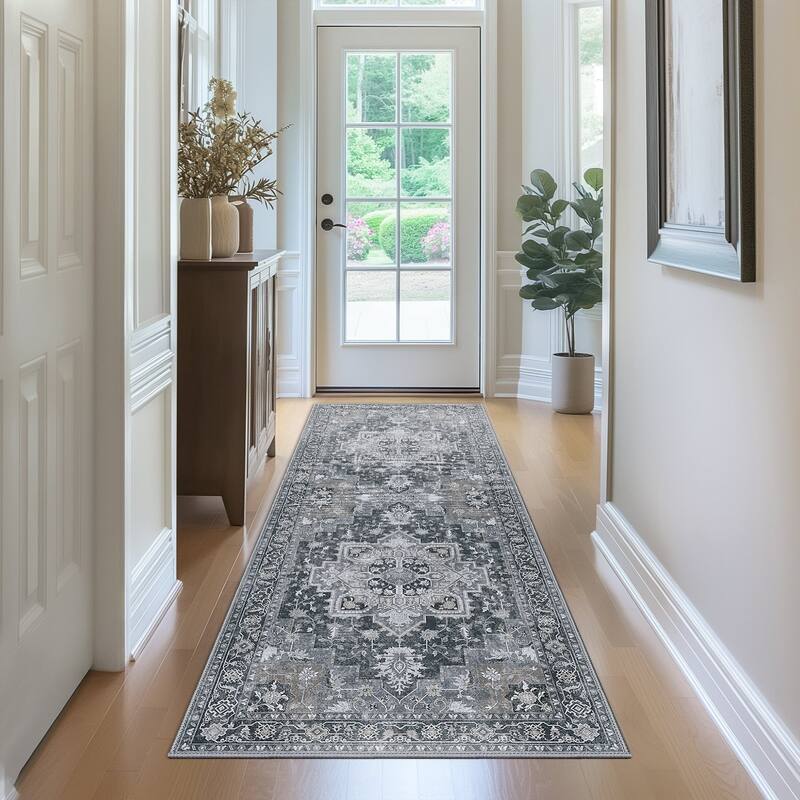 Mcow Grey Floral Low Pile Machine Washable Non-Slip Area Rug
