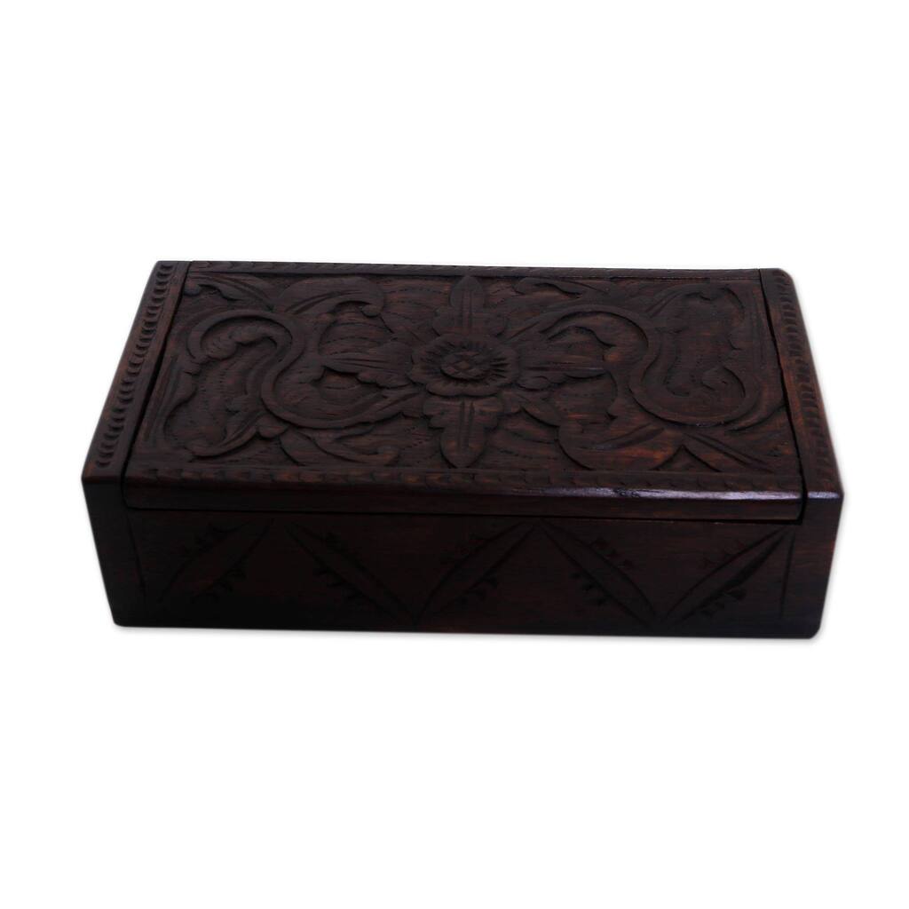 Handmade Wood decorative box, 'Secret Lotus' (Indonesia) - 2.1" H x 7.5" W x 3.9" D