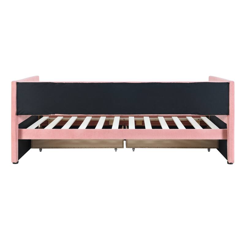 Pink Corduroy Twin Size Daybed with Two Drawers and Wood Slat Support, No Box Spring Required, Easy Assembly