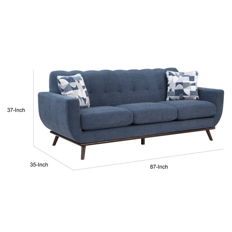 Keto 87 Inch Sofa, Blue Chenille, 2 Throw Pillows, Brown Solid Wood