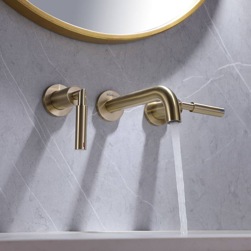 Brushed Gold Round Double Handle Wall Bathroom Faucet
