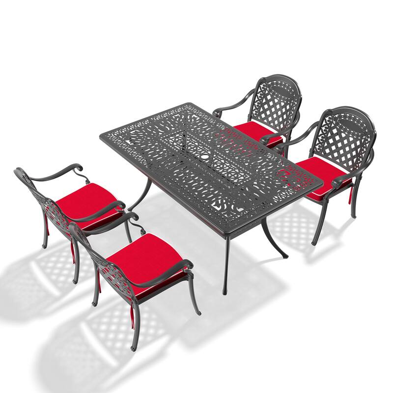 5/7-Piece Cast Aluminum Outdoor Dining Set with 58.27'' L X 34.65'' W Rectangular Table and Seat Cushions