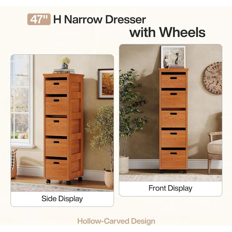 5 Drawers Narrow Wood Storage Drawer Units with Wheels. Tall Narrow Wood Organizer Tower for Bedroom, Living Room, Hallway