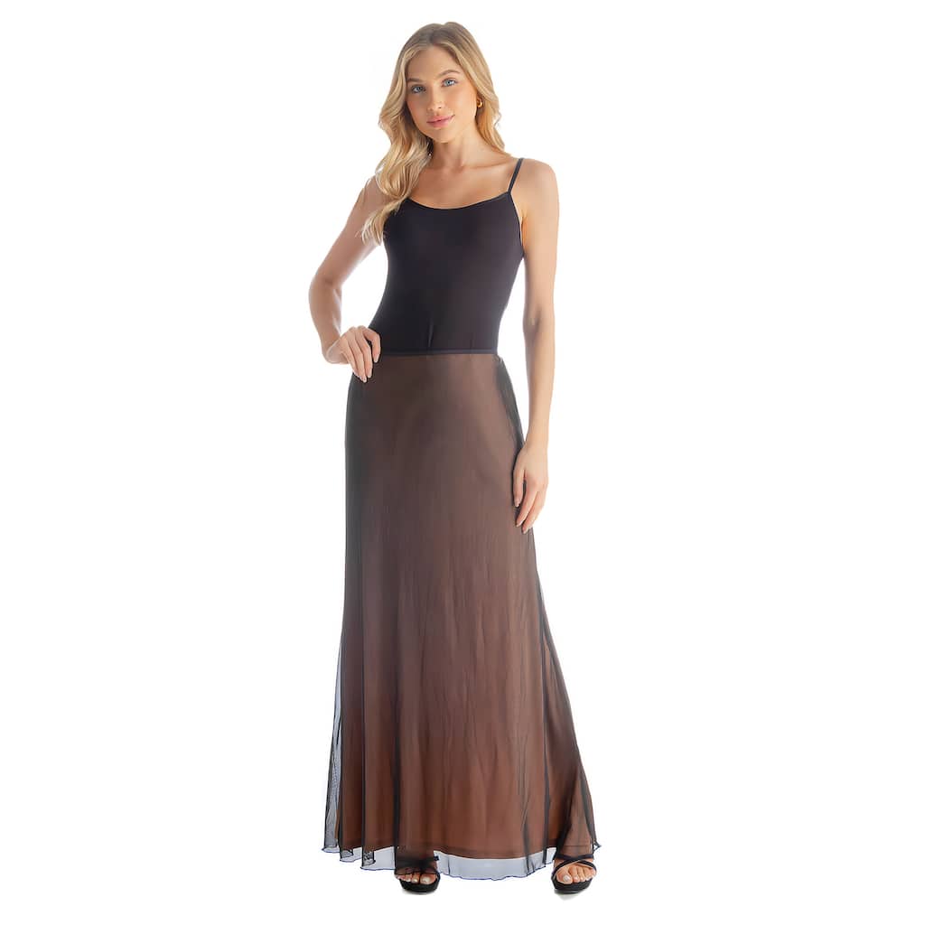 24seven Comfort Apparel Solid Color Sheer Overlay Elastic Waist Dressy Maxi Skirt