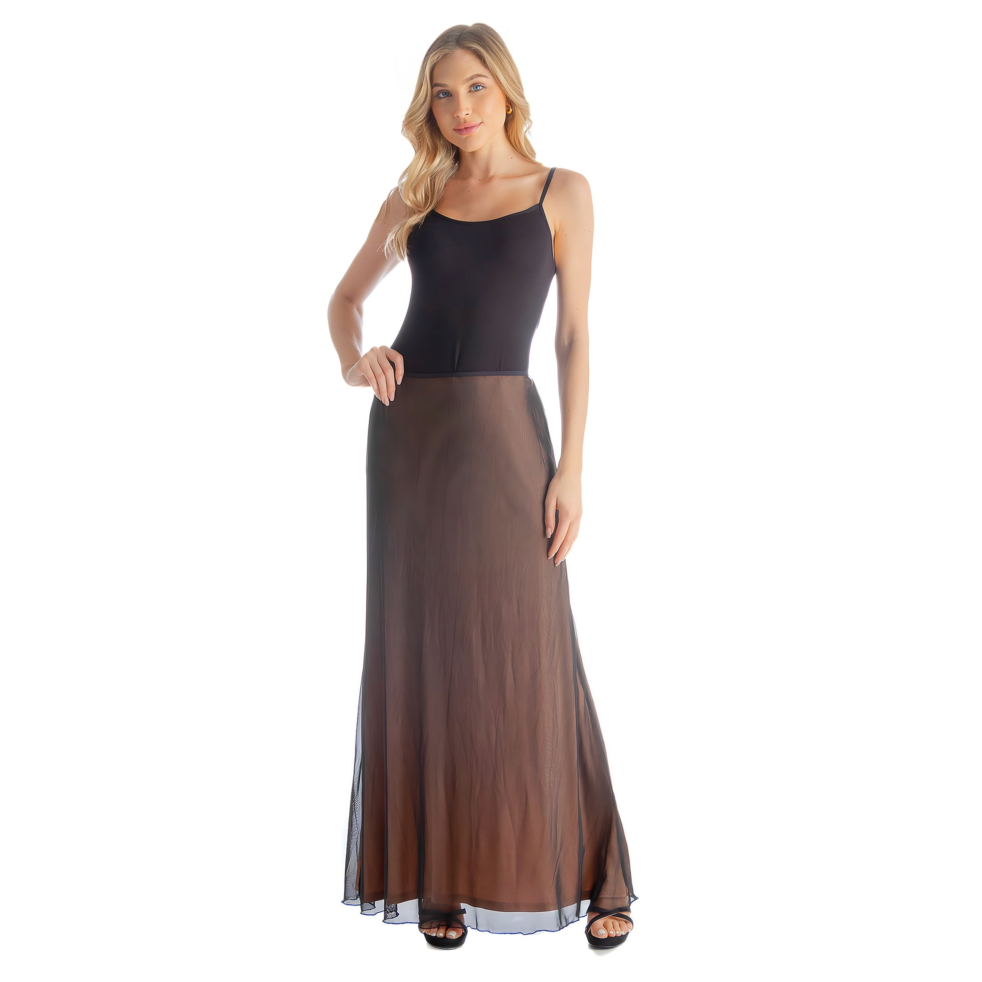 24seven Comfort Apparel Solid Color Sheer Overlay Elastic Waist Dressy Maxi Skirt