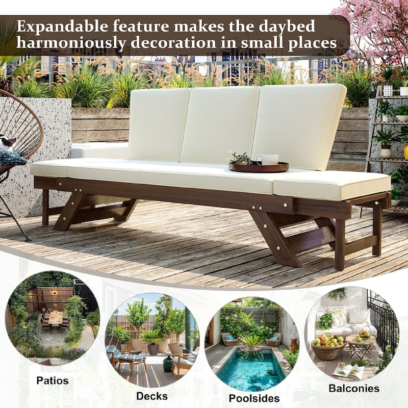 Outdoor Adjustable Patio Wooden Daybed Sofa Chaise Lounge with Cushions