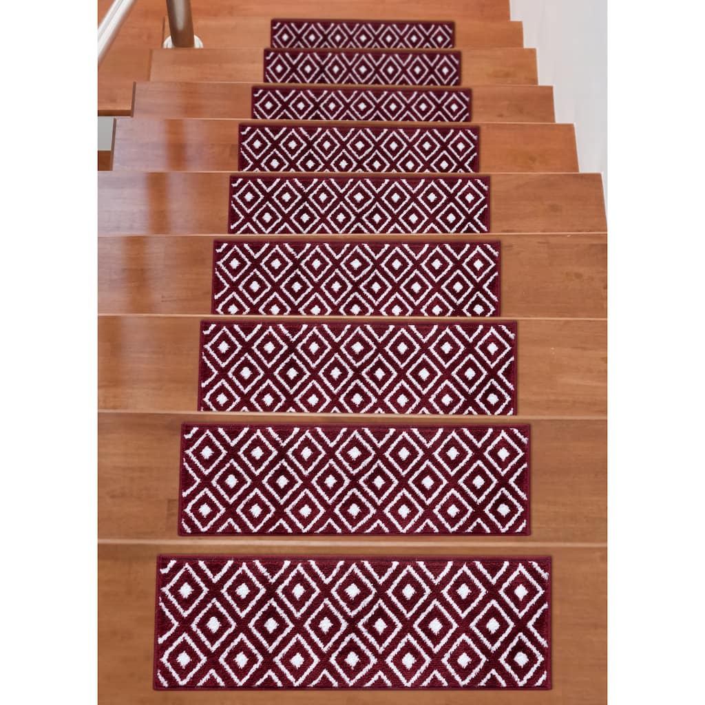 Beverly Rug Indoor Non Slip Carpet Stair Treads w/ Installed Tape 9"x 28" Trellis Red / Ivory