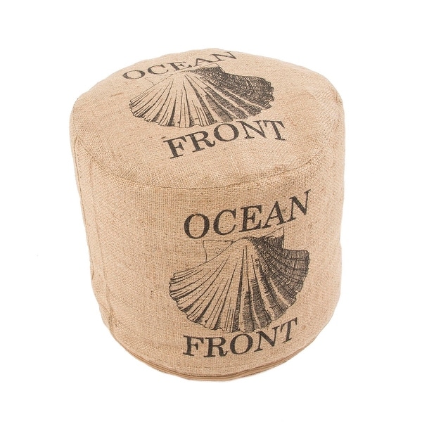 18" Taupe and Black Coastal Pattern Decorative Shell Pouf Ottoman - N/A