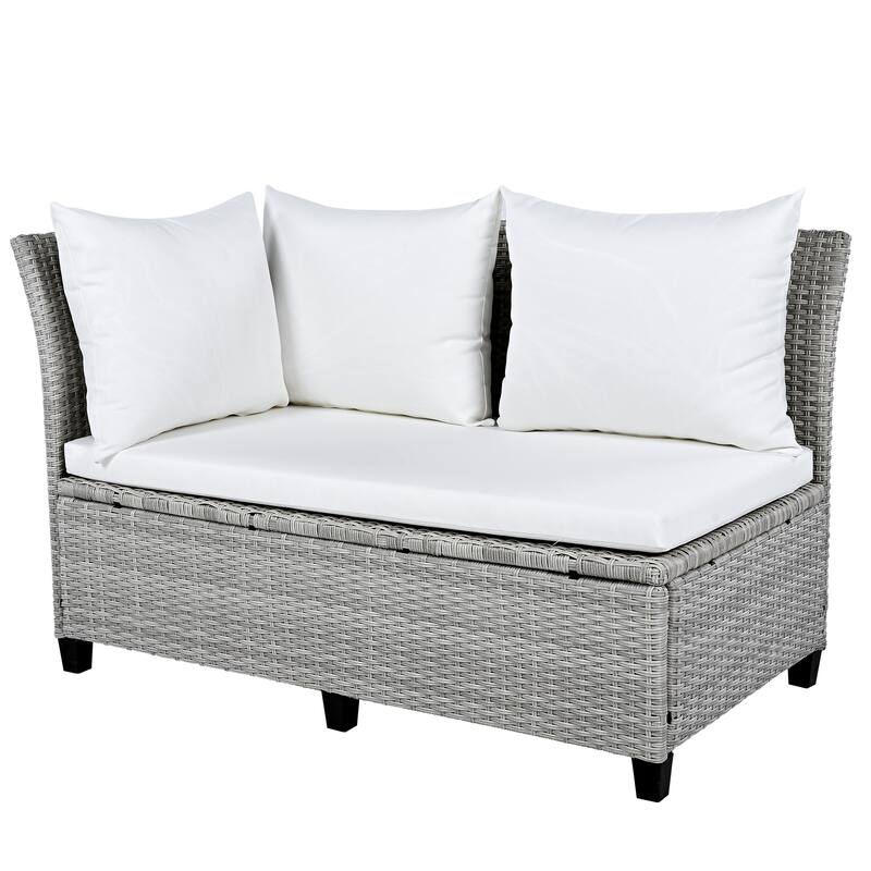 5-Piece Outdoor Patio Rattan Sofa Set - L-Shaped PE Wicker Sectional with 2 Extendable Side Tables, Dining Table