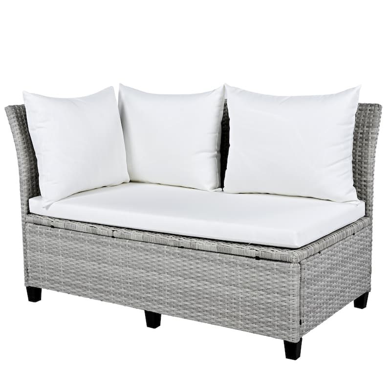 Roomfitters 5-Piece Outdoor PE Wicker Patio Sofa Set with 2 Extendable Side Tables, Dining Table