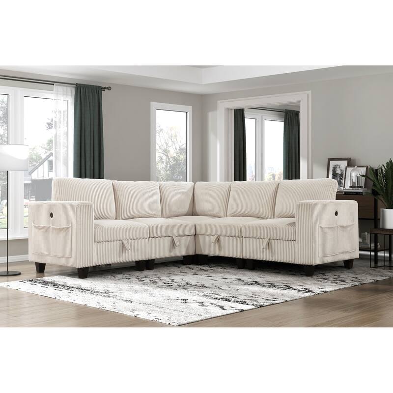 5-Piece Modular Sectional in Beige Corduroy with Storage, Pockets & Charging Ports